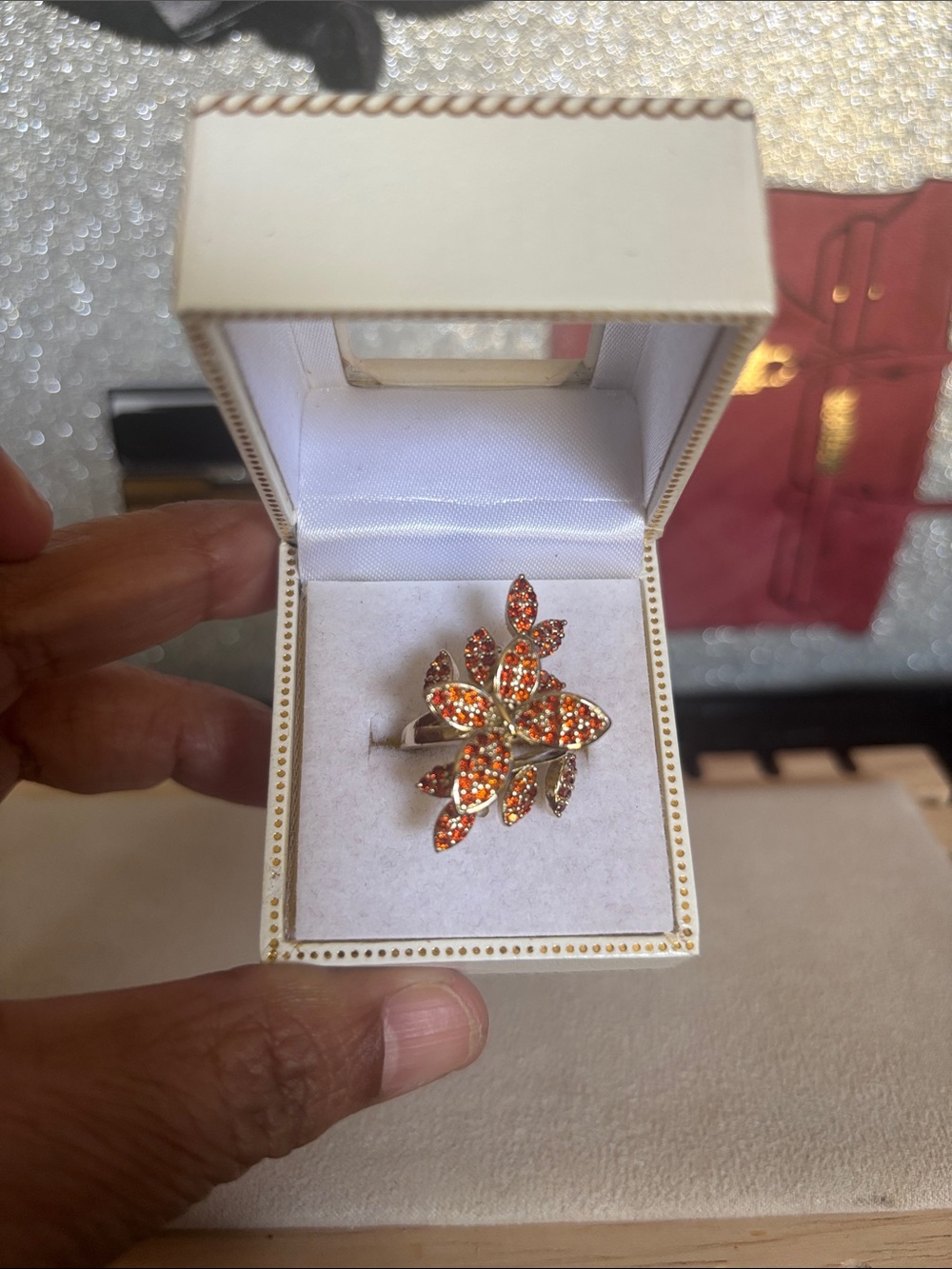 Orange 18k GF Crystal Floral Statement Ring - Women Jewelry Size 7